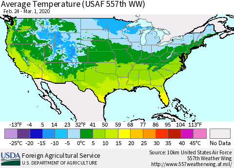 United States Average Temperature (USAF 557th WW) Thematic Map For 2/24/2020 - 3/1/2020
