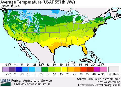 United States Average Temperature (USAF 557th WW) Thematic Map For 3/9/2020 - 3/15/2020