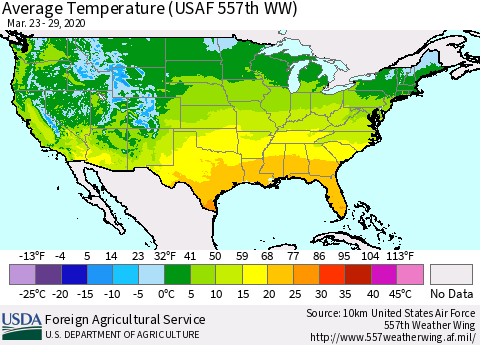 United States Average Temperature (USAF 557th WW) Thematic Map For 3/23/2020 - 3/29/2020