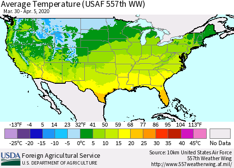 United States Average Temperature (USAF 557th WW) Thematic Map For 3/30/2020 - 4/5/2020