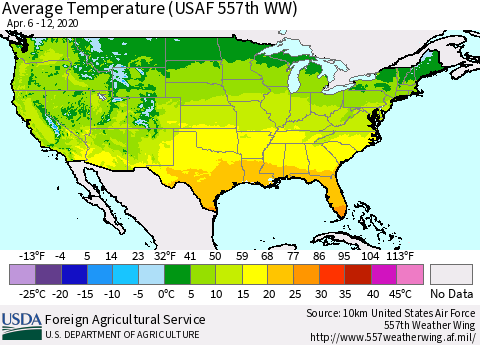 United States Average Temperature (USAF 557th WW) Thematic Map For 4/6/2020 - 4/12/2020