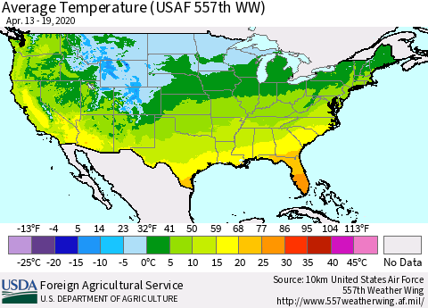 United States Average Temperature (USAF 557th WW) Thematic Map For 4/13/2020 - 4/19/2020