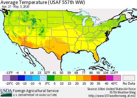 United States Average Temperature (USAF 557th WW) Thematic Map For 4/27/2020 - 5/3/2020