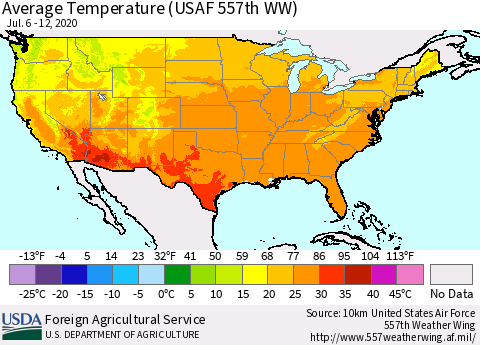 United States Average Temperature (USAF 557th WW) Thematic Map For 7/6/2020 - 7/12/2020