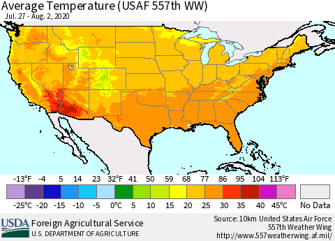 United States Average Temperature (USAF 557th WW) Thematic Map For 7/27/2020 - 8/2/2020