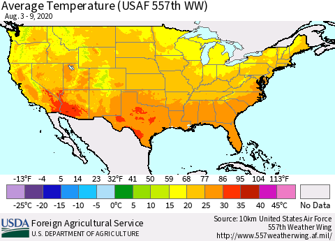 United States Average Temperature (USAF 557th WW) Thematic Map For 8/3/2020 - 8/9/2020
