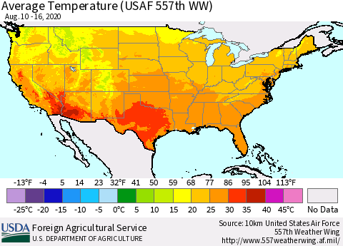 United States Average Temperature (USAF 557th WW) Thematic Map For 8/10/2020 - 8/16/2020
