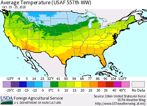 United States Average Temperature (USAF 557th WW) Thematic Map For 10/19/2020 - 10/25/2020
