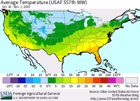 United States Average Temperature (USAF 557th WW) Thematic Map For 10/26/2020 - 11/1/2020