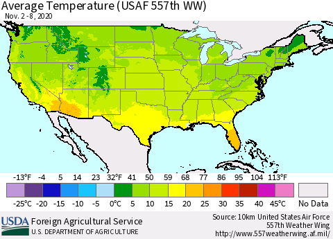 United States Average Temperature (USAF 557th WW) Thematic Map For 11/2/2020 - 11/8/2020