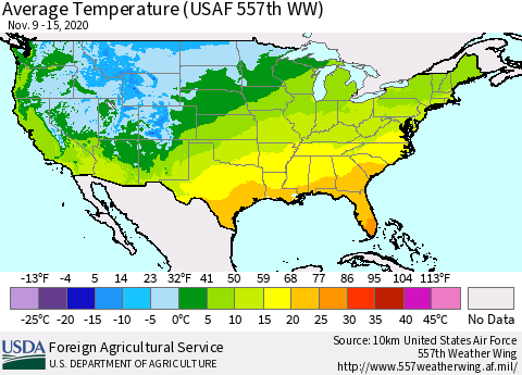 United States Average Temperature (USAF 557th WW) Thematic Map For 11/9/2020 - 11/15/2020