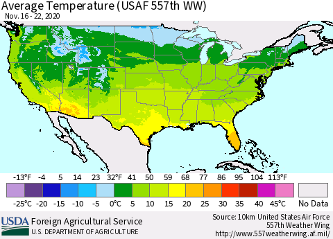 United States Average Temperature (USAF 557th WW) Thematic Map For 11/16/2020 - 11/22/2020