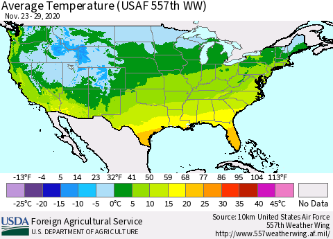United States Average Temperature (USAF 557th WW) Thematic Map For 11/23/2020 - 11/29/2020