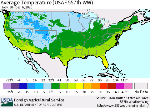 United States Average Temperature (USAF 557th WW) Thematic Map For 11/30/2020 - 12/6/2020