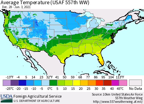 United States Average Temperature (USAF 557th WW) Thematic Map For 12/28/2020 - 1/3/2021