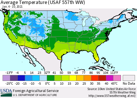 United States Average Temperature (USAF 557th WW) Thematic Map For 1/4/2021 - 1/10/2021