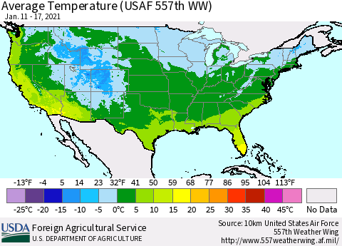 United States Average Temperature (USAF 557th WW) Thematic Map For 1/11/2021 - 1/17/2021