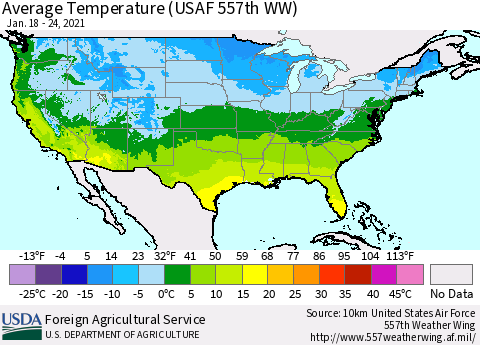 United States Average Temperature (USAF 557th WW) Thematic Map For 1/18/2021 - 1/24/2021