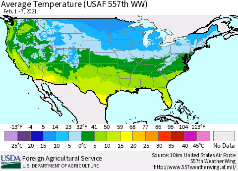 United States Average Temperature (USAF 557th WW) Thematic Map For 2/1/2021 - 2/7/2021