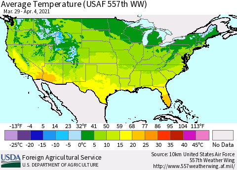 United States Average Temperature (USAF 557th WW) Thematic Map For 3/29/2021 - 4/4/2021