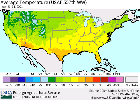 United States Average Temperature (USAF 557th WW) Thematic Map For 4/5/2021 - 4/11/2021