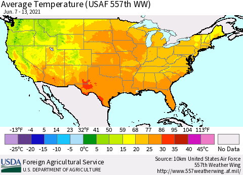 United States Average Temperature (USAF 557th WW) Thematic Map For 6/7/2021 - 6/13/2021