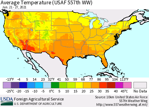 United States Average Temperature (USAF 557th WW) Thematic Map For 6/21/2021 - 6/27/2021