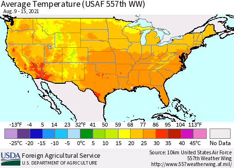 United States Average Temperature (USAF 557th WW) Thematic Map For 8/9/2021 - 8/15/2021