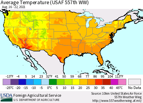 United States Average Temperature (USAF 557th WW) Thematic Map For 8/16/2021 - 8/22/2021