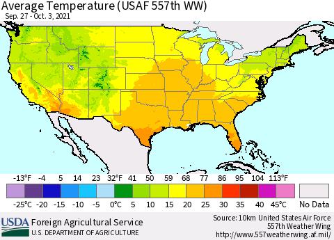 United States Average Temperature (USAF 557th WW) Thematic Map For 9/27/2021 - 10/3/2021