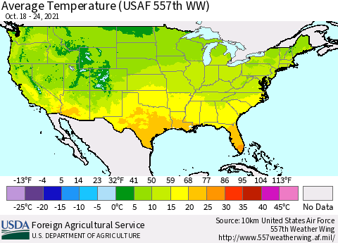 United States Average Temperature (USAF 557th WW) Thematic Map For 10/18/2021 - 10/24/2021