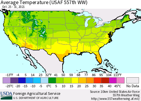 United States Average Temperature (USAF 557th WW) Thematic Map For 10/25/2021 - 10/31/2021