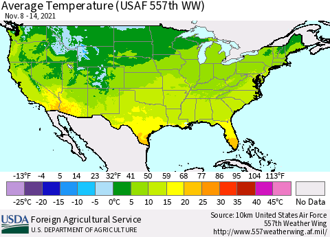 United States Average Temperature (USAF 557th WW) Thematic Map For 11/8/2021 - 11/14/2021