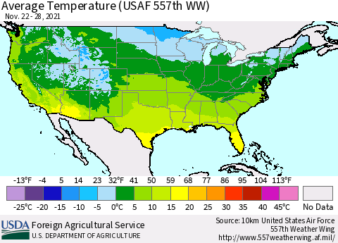 United States Average Temperature (USAF 557th WW) Thematic Map For 11/22/2021 - 11/28/2021