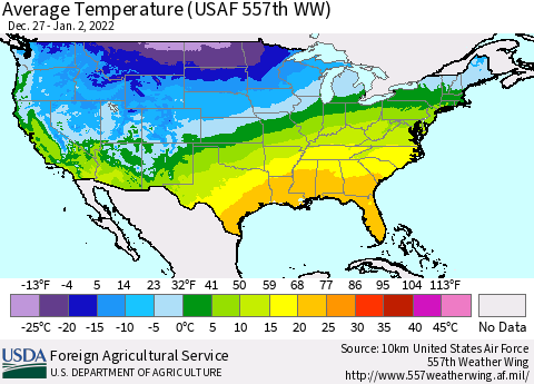 United States Average Temperature (USAF 557th WW) Thematic Map For 12/27/2021 - 1/2/2022