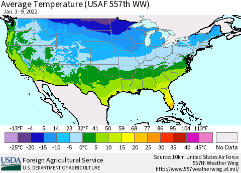 United States Average Temperature (USAF 557th WW) Thematic Map For 1/3/2022 - 1/9/2022