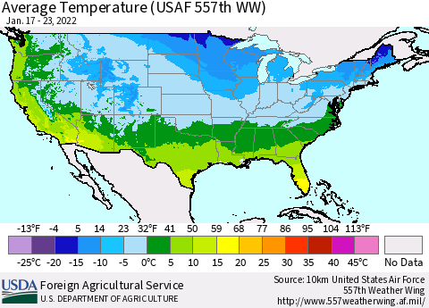 United States Average Temperature (USAF 557th WW) Thematic Map For 1/17/2022 - 1/23/2022