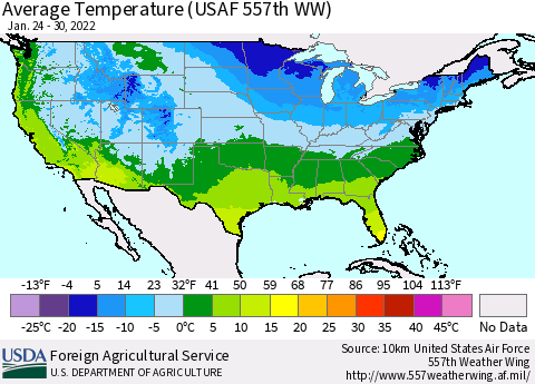 United States Average Temperature (USAF 557th WW) Thematic Map For 1/24/2022 - 1/30/2022
