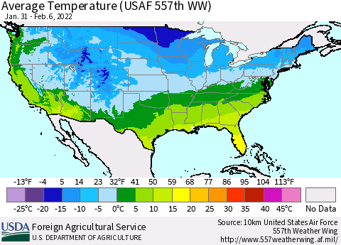 United States Average Temperature (USAF 557th WW) Thematic Map For 1/31/2022 - 2/6/2022