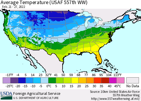 United States Average Temperature (USAF 557th WW) Thematic Map For 2/21/2022 - 2/27/2022