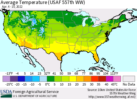United States Average Temperature (USAF 557th WW) Thematic Map For 4/4/2022 - 4/10/2022