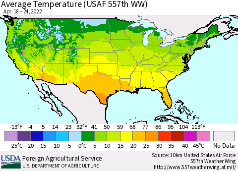 United States Average Temperature (USAF 557th WW) Thematic Map For 4/18/2022 - 4/24/2022