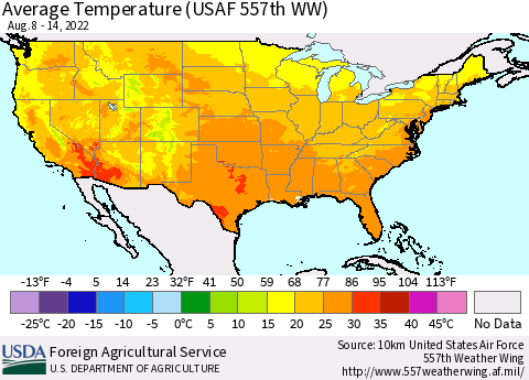 United States Average Temperature (USAF 557th WW) Thematic Map For 8/8/2022 - 8/14/2022