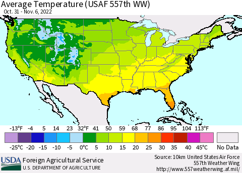 United States Average Temperature (USAF 557th WW) Thematic Map For 10/31/2022 - 11/6/2022