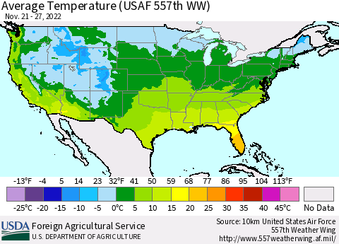 United States Average Temperature (USAF 557th WW) Thematic Map For 11/21/2022 - 11/27/2022
