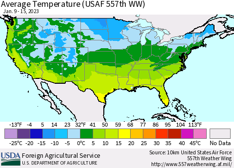 United States Average Temperature (USAF 557th WW) Thematic Map For 1/9/2023 - 1/15/2023