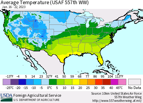 United States Average Temperature (USAF 557th WW) Thematic Map For 1/16/2023 - 1/22/2023