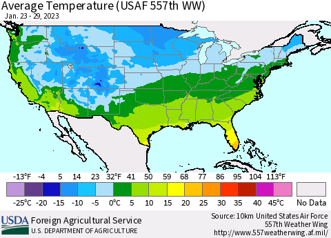 United States Average Temperature (USAF 557th WW) Thematic Map For 1/23/2023 - 1/29/2023