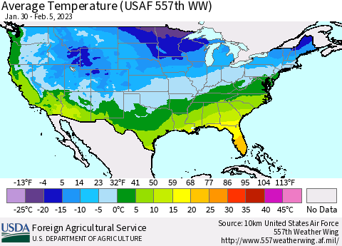 United States Average Temperature (USAF 557th WW) Thematic Map For 1/30/2023 - 2/5/2023