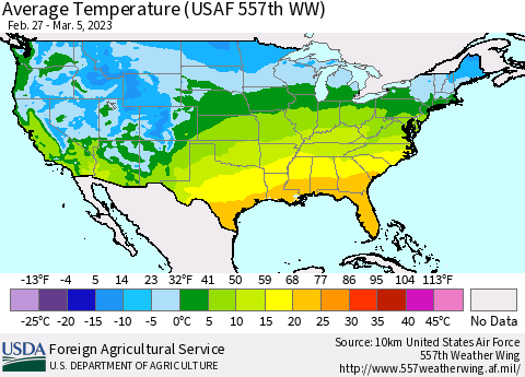 United States Average Temperature (USAF 557th WW) Thematic Map For 2/27/2023 - 3/5/2023